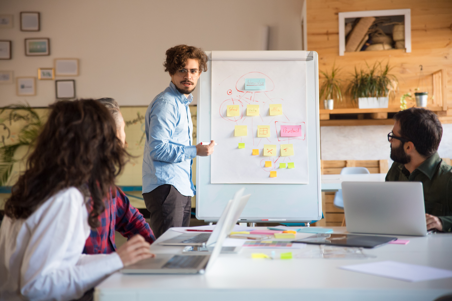 Startup leader drawing flowchart on board and discussing project with team. Business colleagues in casual working together in contemporary office space. Teamwork concept